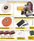 Package contents for Mini Belt Sander For Knife Making Electric Bench Grinder including sanding belts and wheels.