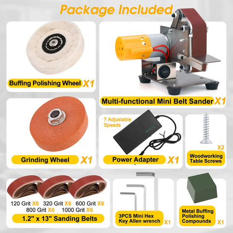 Package contents for Mini Belt Sander For Knife Making Electric Bench Grinder including sanding belts and wheels.