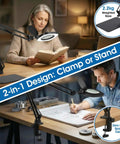 Two In One Magnifying Lamp With Light And Stand For Seniors And Crafts in use, showing clamp and stand design with long arm