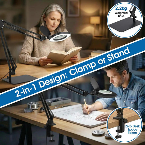 Two In One Magnifying Lamp With Light And Stand For Seniors And Crafts in use, showing clamp and stand design with long arm