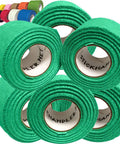 Pro Grade Drumstick Grip Tape Six Pack Dark Green Cotton Gauze stacked rolls showing anti-slip adhesive for drummers.