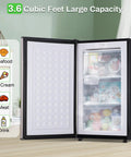 Effortless 3.6 Cu Ft Upright Freezer Glossy Silver with open door displaying frozen foods and large capacity.