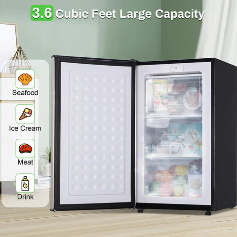 Effortless 3.6 Cu Ft Upright Freezer Glossy Silver with open door displaying frozen foods and large capacity.