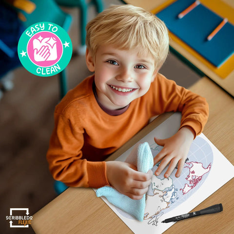 Child using Continents Map Practice Sheets 9x12 Dry Erase World Globe Sheets Pack of 10 for Homeschool and Classroom, FLEXIC sheet.