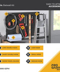 Garage Slatwall Hang Track Kit, 33 Inch Wide, With Pegboard Hooks, Hangers, And Paper Towel Holder installed on wall.