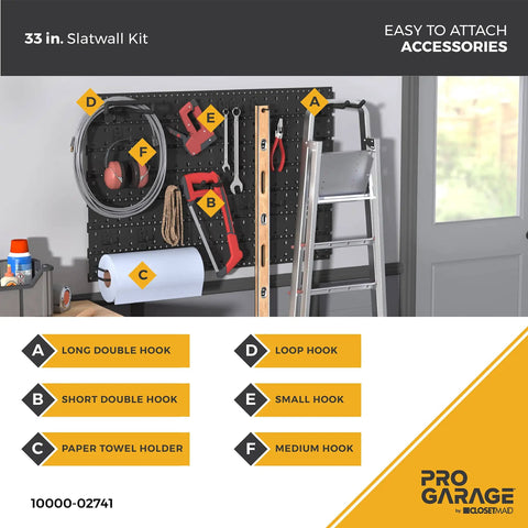 Garage Slatwall Hang Track Kit, 33 Inch Wide, With Pegboard Hooks, Hangers, And Paper Towel Holder installed on wall.