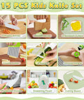 HAIMST 15-piece kids knife set for real cooking: wooden and plastic knives, cutting board, gloves.