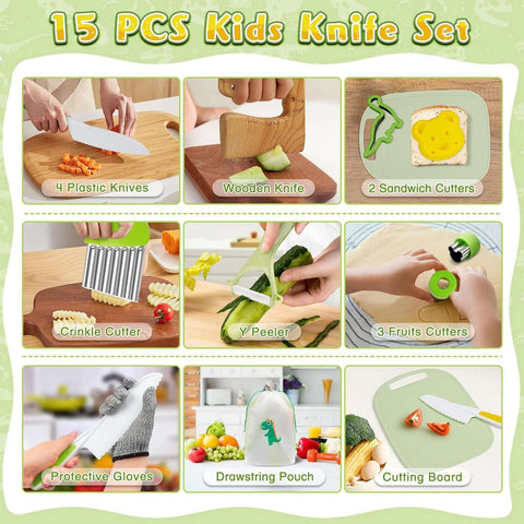 HAIMST 15-piece kids knife set for real cooking: wooden and plastic knives, cutting board, gloves.