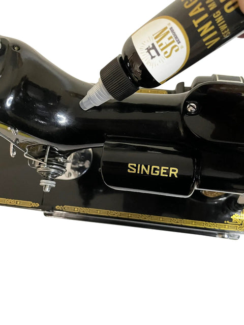 Premium Sewing Machine Restoration Polish And Cleaning Kit With Wax Microfiber Cloth Foam Pad Oil And Grease For A High Gloss Finish Plus Pro Grade Precise Lubrication Bottle With Taper Spout And Long Spout Syringe Design on black Singer sewing machine