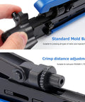 Close-up of Coaxial Compression Tool Kit Pro Grade F Type Crimper showing adjustable crimp distance and standard mold base.