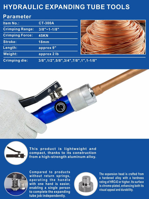 AMZCNC hydraulic tube expander kit with blue handle, cutter and deburring tool for 3/8–1-1/8 in copper pipes
