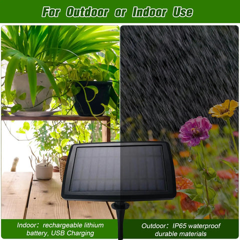 Solar Powered Drip Irrigation Kit With 12 Auto Timer Modes showing indoor and outdoor plant use, IP65 waterproof materials