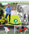 Man using Post Hole Digger Hand Auger Spiral Drill For Planting in garden, highlighting reduced back and knee strain.