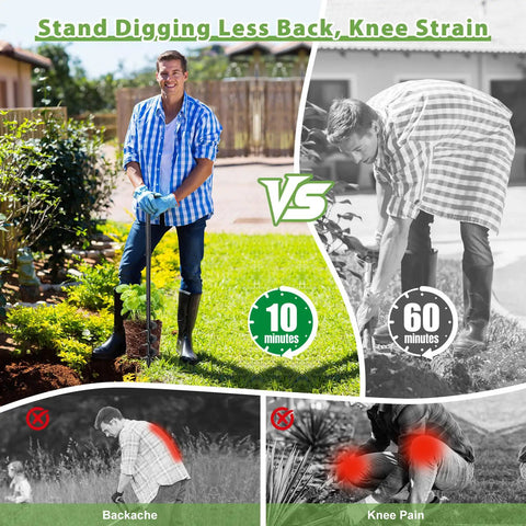 Man using Post Hole Digger Hand Auger Spiral Drill For Planting in garden, highlighting reduced back and knee strain.