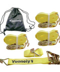Heavy Duty Ratchet Tie Down Straps 2 Inch X 15 Feet With Reinforced Steel J Hooks 4 Pack next to storage bag.