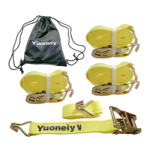 Heavy Duty Ratchet Tie Down Straps 2 Inch X 15 Feet With Reinforced Steel J Hooks 4 Pack next to storage bag.