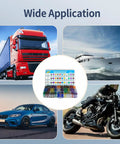 All In One Auto Fuse Kit With 180 Pcs Blade Fuses And Puller shown with car, truck, boat, motorcycle applications