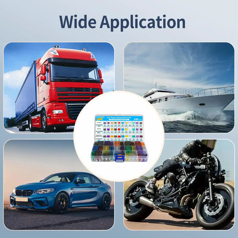 All In One Auto Fuse Kit With 180 Pcs Blade Fuses And Puller shown with car, truck, boat, motorcycle applications