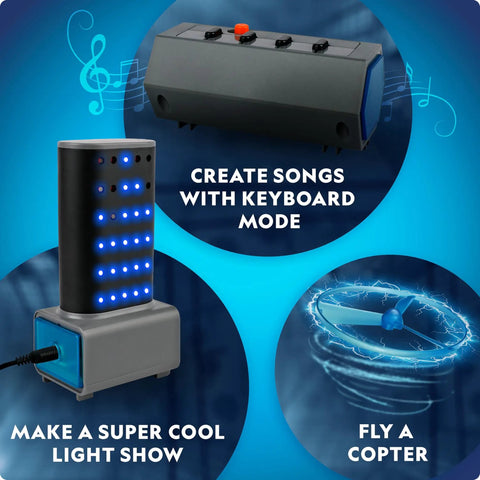 Circuit Maker Kit for Kids With 120 Plus Projects, electronics STEM toy showing a keyboard, light show, and mini copter