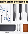 Two Pair Hair Cutting Scissors Set with Straight And Textured Blades, combs, case, clips, and cloth displayed.