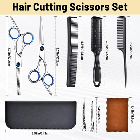 Two Pair Hair Cutting Scissors Set with Straight And Textured Blades, combs, case, clips, and cloth displayed.