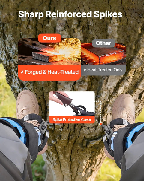 Height Adjustable Tree Climbing Spikes With Straps And Cushioned Padding, Heavy Duty Steel Climb Spurs on feet against tree trunk