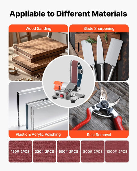 Badass Three In One Compact Belt Sander Setup With 13 Inch Sanding Strap And 2.75 Inch Grinding Wheel Combo for wood sanding and blade sharpening.