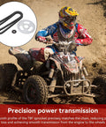 Rider on ATV with inset of Beefed Up High Power Steel T8F Chain And Sprocket Kit for mini bikes and karts shown in detail.