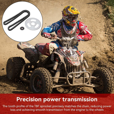 Rider on ATV with inset of Beefed Up High Power Steel T8F Chain And Sprocket Kit for mini bikes and karts shown in detail.