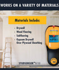 Stud Finder And Wall Scanner With Wire Warning Detection And Signal Strength, Center And Edge Locator shown on textured wall.