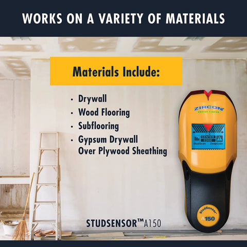 Stud Finder And Wall Scanner With Wire Warning Detection And Signal Strength, Center And Edge Locator shown on textured wall.