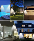 Various outdoor views of Remote Solar Motion Sensor Flood Lights, 128 LED Ultra Bright, illuminating pool, garden, garage, patio, house.