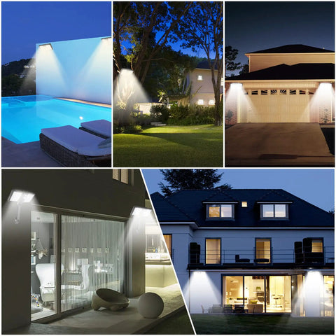 Various outdoor views of Remote Solar Motion Sensor Flood Lights, 128 LED Ultra Bright, illuminating pool, garden, garage, patio, house.