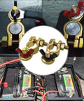 Beefed Up Brass Marine Grade Battery Terminal Kit with Adjustable Clamps and Anti Corrosion Pad for boat car RV truck marine use vans and other vehicles top post compatible positive and negative markings shown installed and side view.