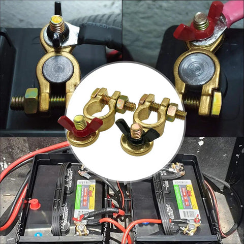 Beefed Up Brass Marine Grade Battery Terminal Kit with Adjustable Clamps and Anti Corrosion Pad for boat car RV truck marine use vans and other vehicles top post compatible positive and negative markings shown installed and side view.