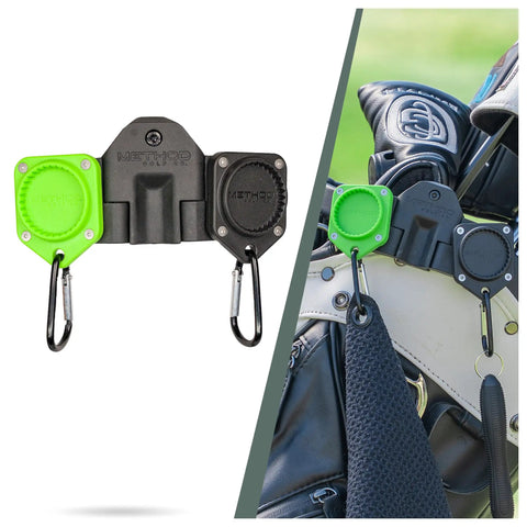 BagStack Gear Hub Starter Pack Magnetic Golf Gear Organizer with Landing Pad and Two MagStack Tiles on golf bag
