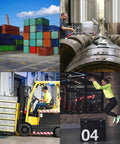 Collage of shipping containers, brewing barrels, forklift in use, and person exercising; diverse industrial and leisure activities.