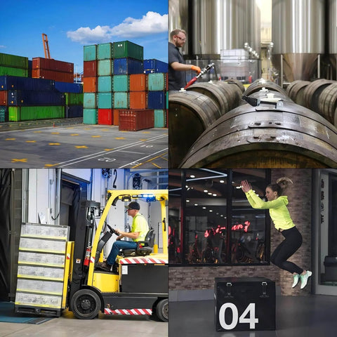 Collage of shipping containers, brewing barrels, forklift in use, and person exercising; diverse industrial and leisure activities.