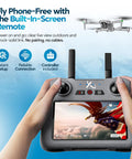 Hands holding controller with screen showing AI Guided 4K Drone With Camera For Adults, FAA Approved, 360 Degree Obstacle Avoidance.