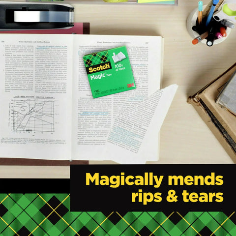 Book with page repaired by Scotch Magic Tape, dispenser nearby, highlighting "magically mends rips & tears" message.