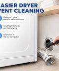 Magnetic Dryer Vent Connector Kit 180 Degree Straight Auto Align Coupling in use with a hand disconnecting the hose for cleaning.