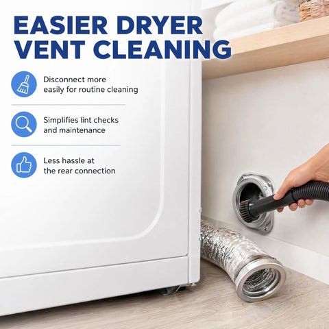 Magnetic Dryer Vent Connector Kit 180 Degree Straight Auto Align Coupling in use with a hand disconnecting the hose for cleaning.