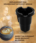 Replacement Keurig Pod Holder With Exit Needle for K Elite, K Cafe, K Slim models, alongside coffee and person enjoying a cup.