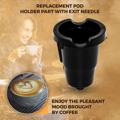 Replacement Keurig Pod Holder With Exit Needle for K Elite, K Cafe, K Slim models, alongside coffee and person enjoying a cup.