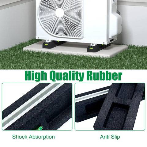 Beefy Rubber Floor Mount Base Kit For Mini Split Condenser Two Pack Anti Vibration Brackets shown with absorption and anti-slip detail