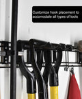 Heavy Duty Garage Wall Organizer Rack With 48 Inch Steel Beam And Rock Solid 280 Lb Load Capacity Featuring Eighteen Versatile Storage Hooks for tools.