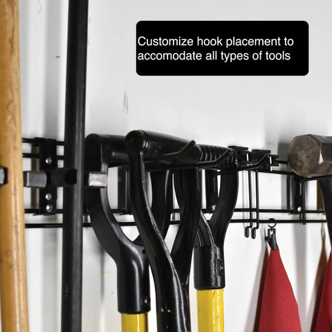 Heavy Duty Garage Wall Organizer Rack With 48 Inch Steel Beam And Rock Solid 280 Lb Load Capacity Featuring Eighteen Versatile Storage Hooks for tools.