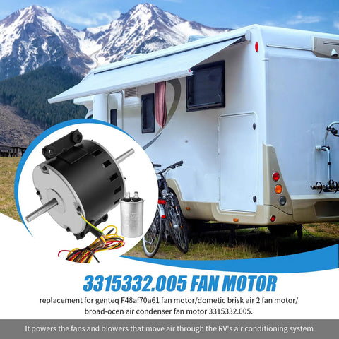 RV Air Conditioner Fan Motor With Capacitor 1/4 HP 3 Speed Beefed-Up Replacement for Dometic Brisk Air II shown with camper
