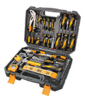 89 Piece Home Tool Set With Hammer And Drill Bits, Ratchet, Wrench, Pliers, Hex Keys, Tape Measure, Screwdrivers, Socket Set, Level, And Handy Plastic Toolbox For Quick Home DIY Projects And Auto Repairs in open case.