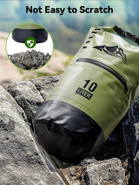 Lightweight Waterproof Dry Bag With Front Zip Pocket 10L Roll Top Closure Keeps Your Gear Dry For Travel Kayaking Boating Rafting Camping Hiking And Beach Days Green on rocky surface